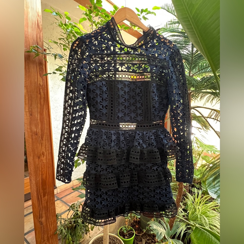 Self-Portrait Black and Blue Sheath Dress Long Sleeve Crew Neck